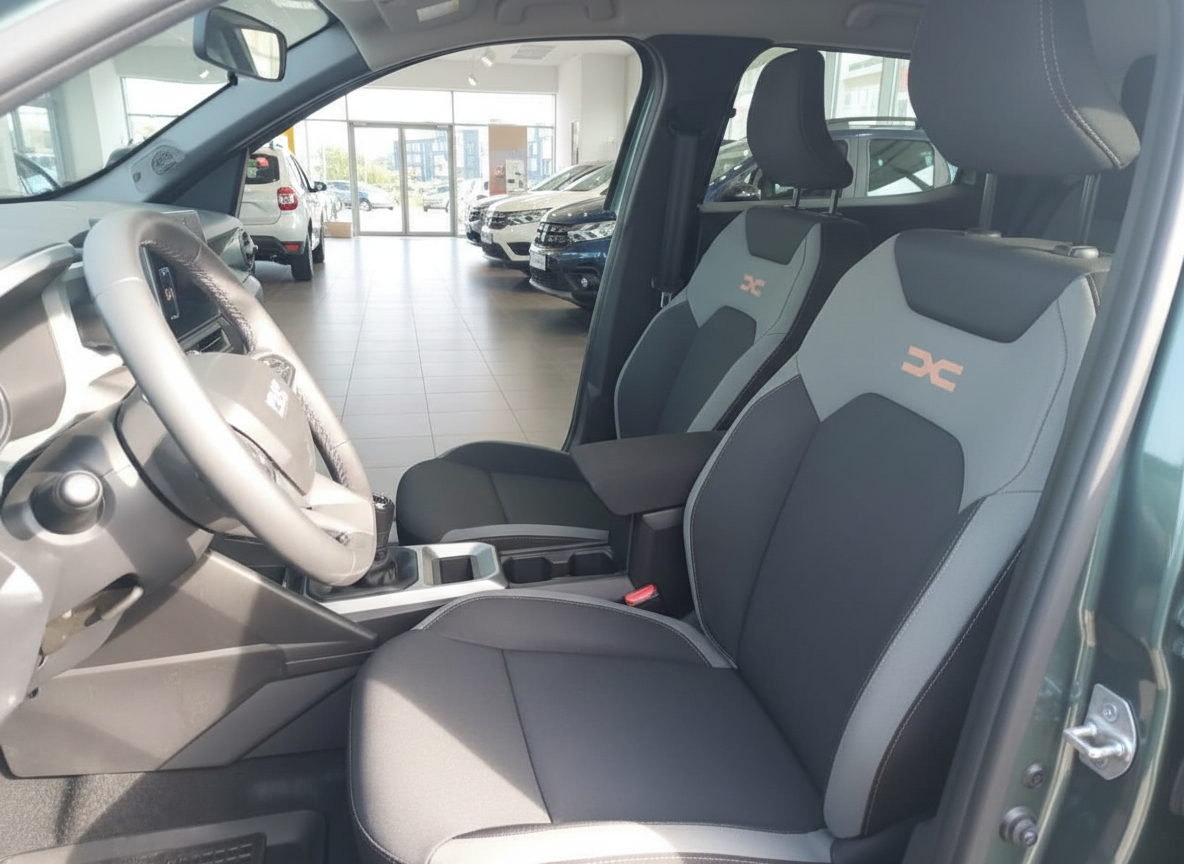 Dacia Duster Innenraum mit schwarzen Sportsitzen und DC-Logo im Autohaus