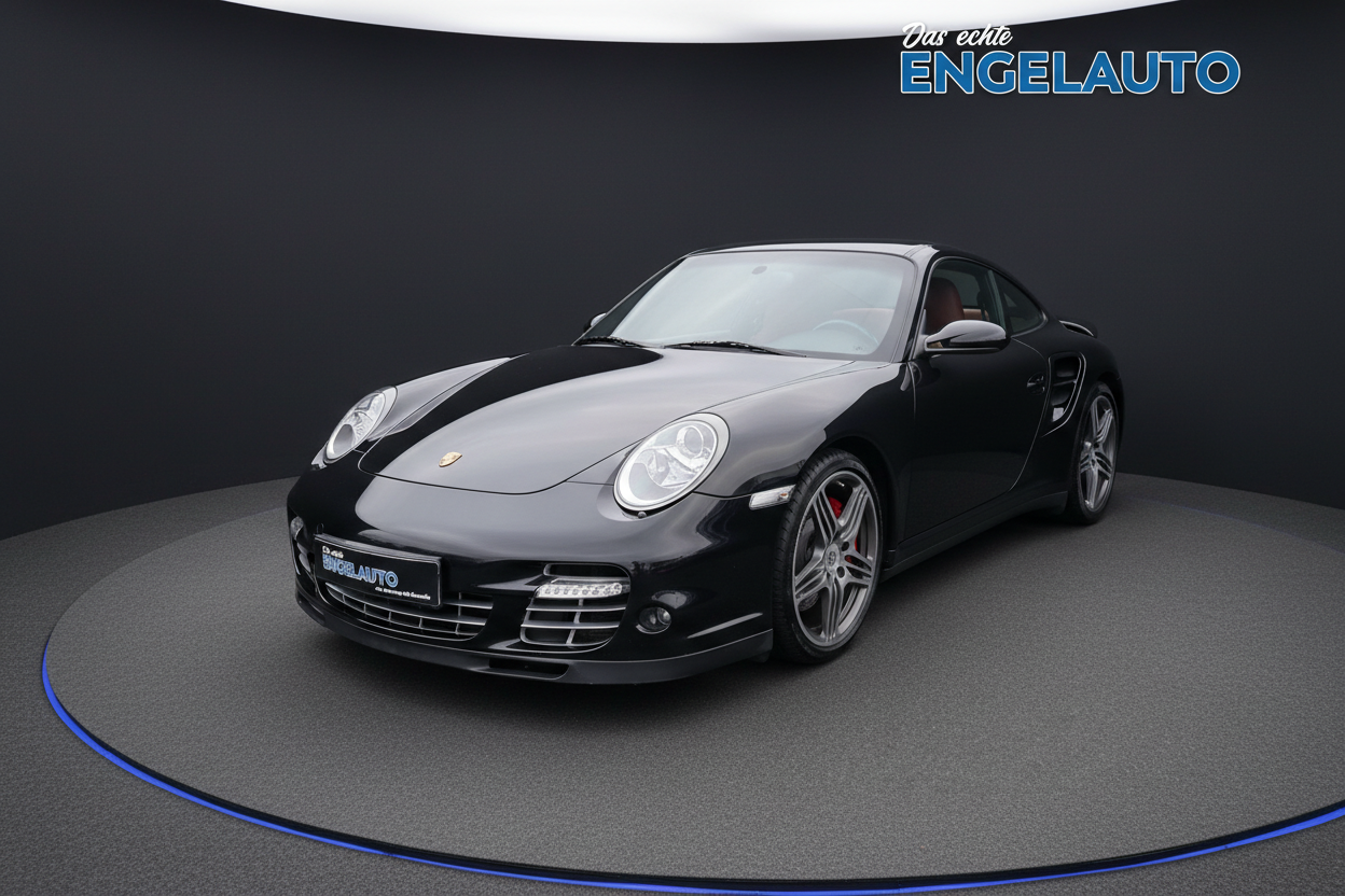 Schwarzer Porsche 911 Turbo (997) Sportwagen in Showroom-Präsentation bei Engelauto - Seitenansicht mit Fünfspeichen-Felgen und roter Lederausstattung