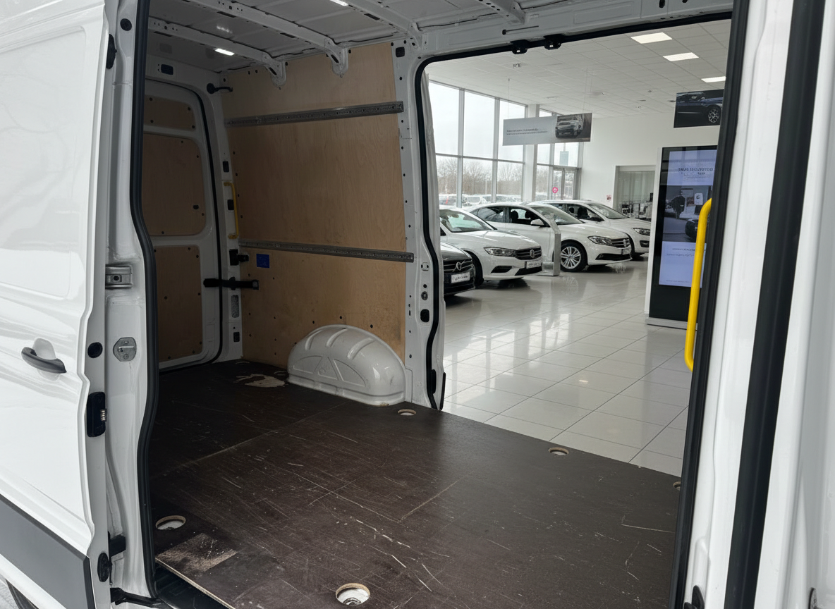 Laderaum eines weißen Transporters mit Holzverkleidung in einem Autohaus