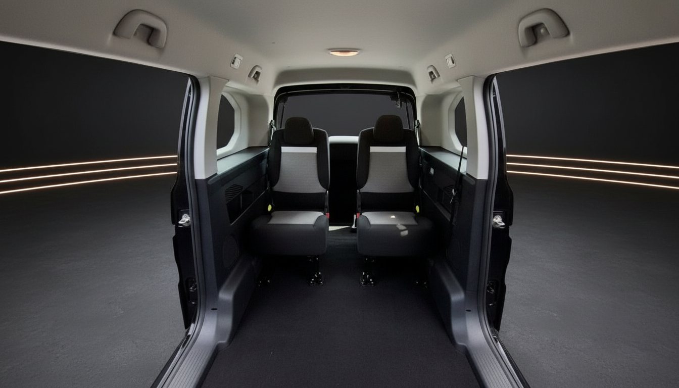 Modernes Fahrzeug-Innenraum mit geöffneten Schiebetüren, schwarze Sitze und LED-Ambientebeleuchtung