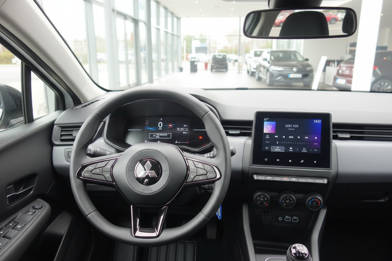 Mitsubishi Innenraum mit Lenkrad, Digitaltacho und Touchscreen-Infotainmentsystem im Autohaus