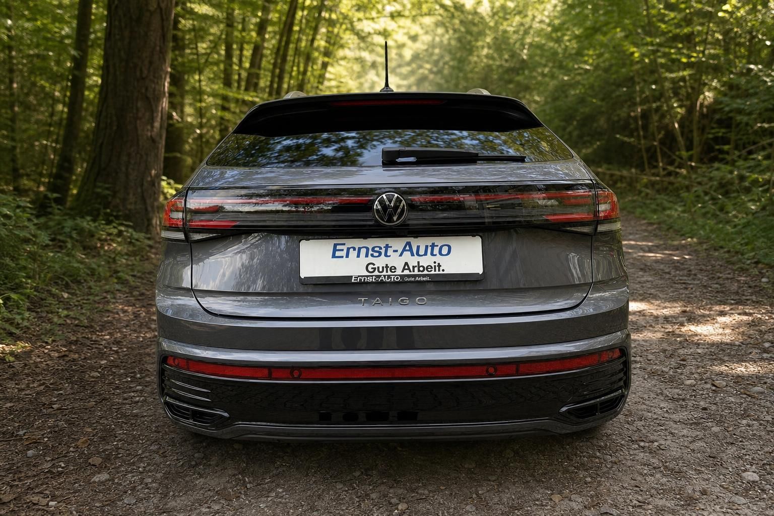 Volkswagen Taigo Heckansicht grau metallic - LED-Rückleuchten und Taigo-Schriftzug im Wald