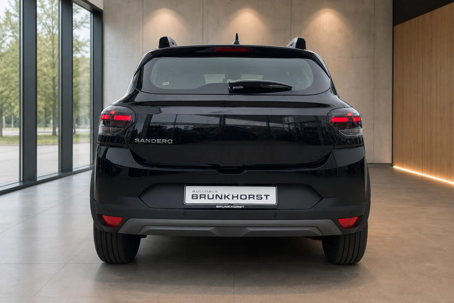 Dacia Sandero schwarz Heckansicht mit Kennzeichenhalter Brunkhorst