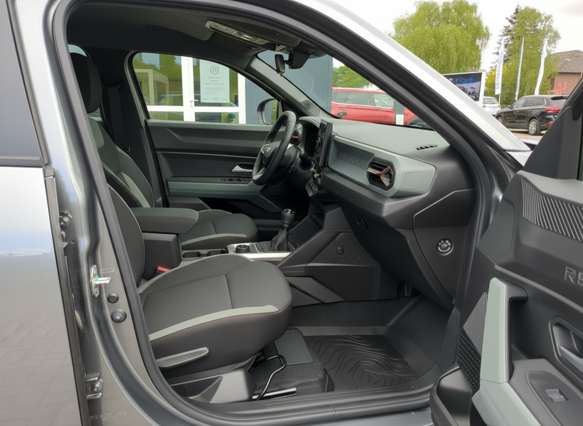 Fahrzeug Innenraum mit schwarzen Sitzen, Mittelkonsole und modernem Cockpit-Design