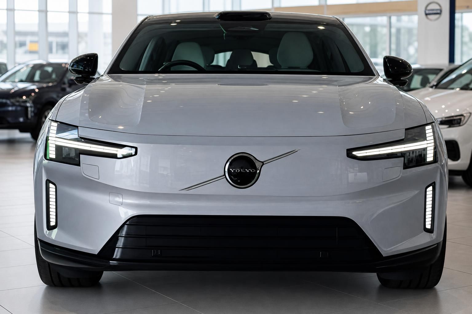 Volvo ES90 Frontansicht mit LED-Scheinwerfern im Showroom
