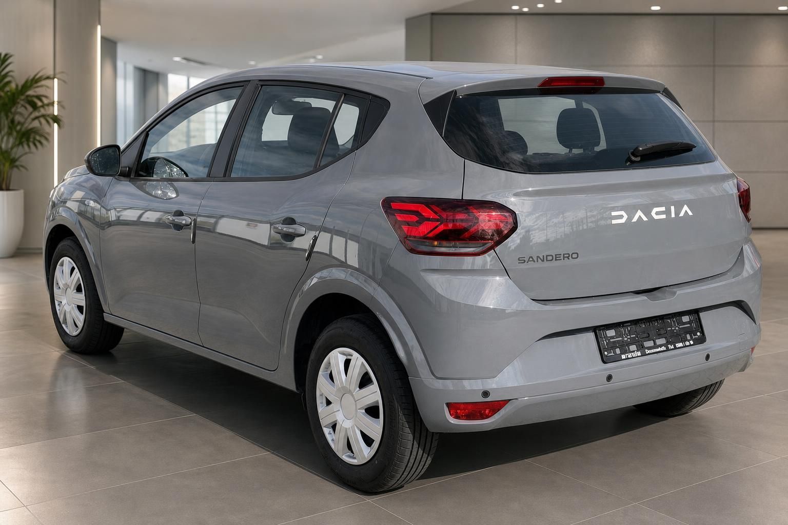 Dacia Sandero grau Schrägheck Außenansicht hinten links im Autohaus