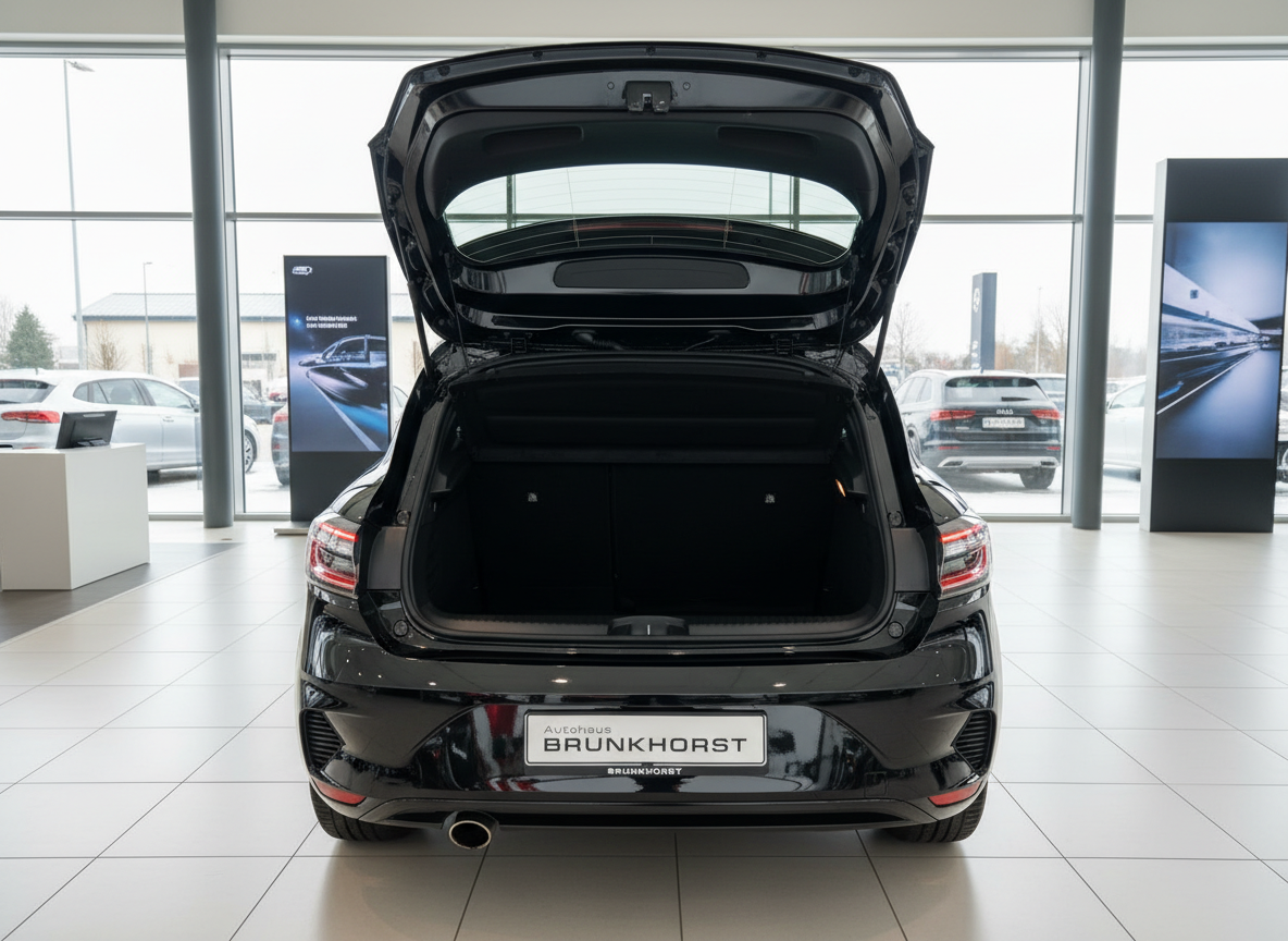 Schwarzer PKW mit geöffneter Heckklappe im Autohaus Brunkhorst Showroom