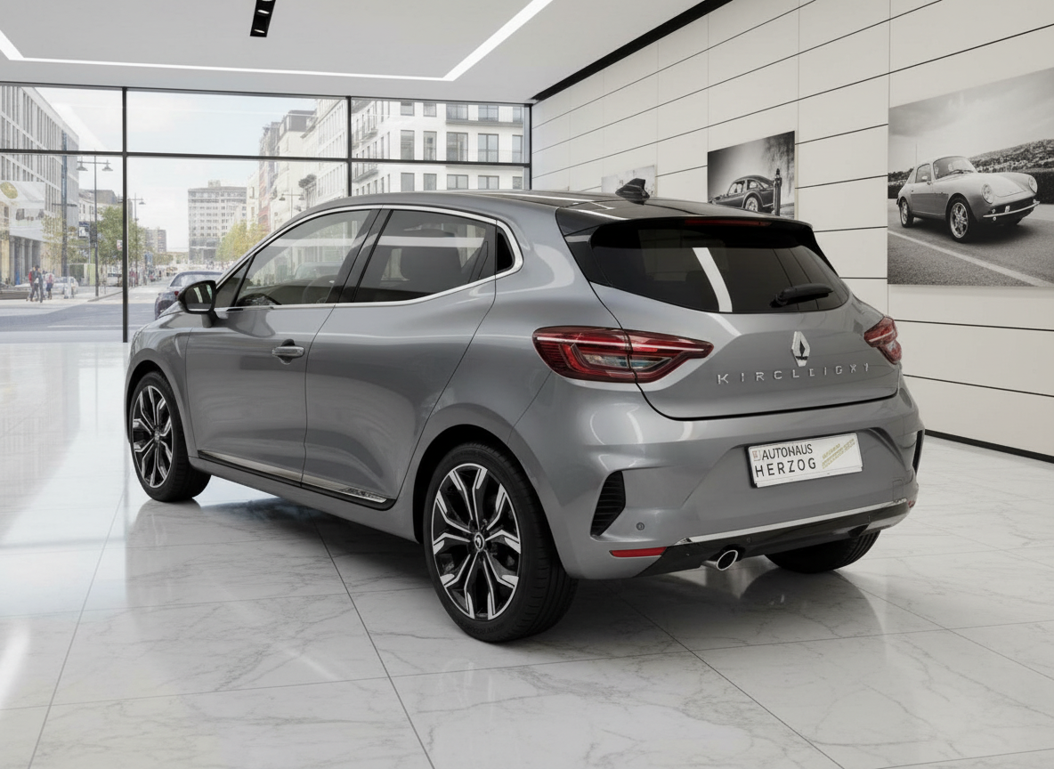 Renault Clio V in Grau – Heckansicht im Autohaus Herzog Showroom