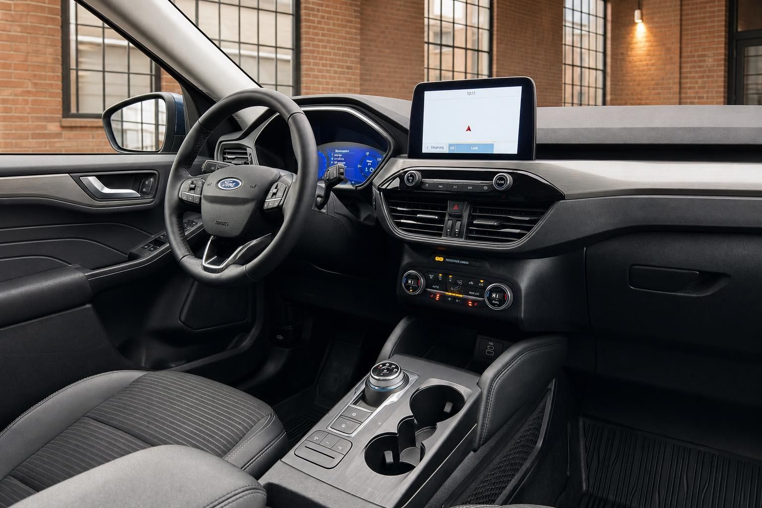 Ford Innenraum Cockpit mit Lenkrad, digitalem Tacho und Touchscreen-Navigationssystem