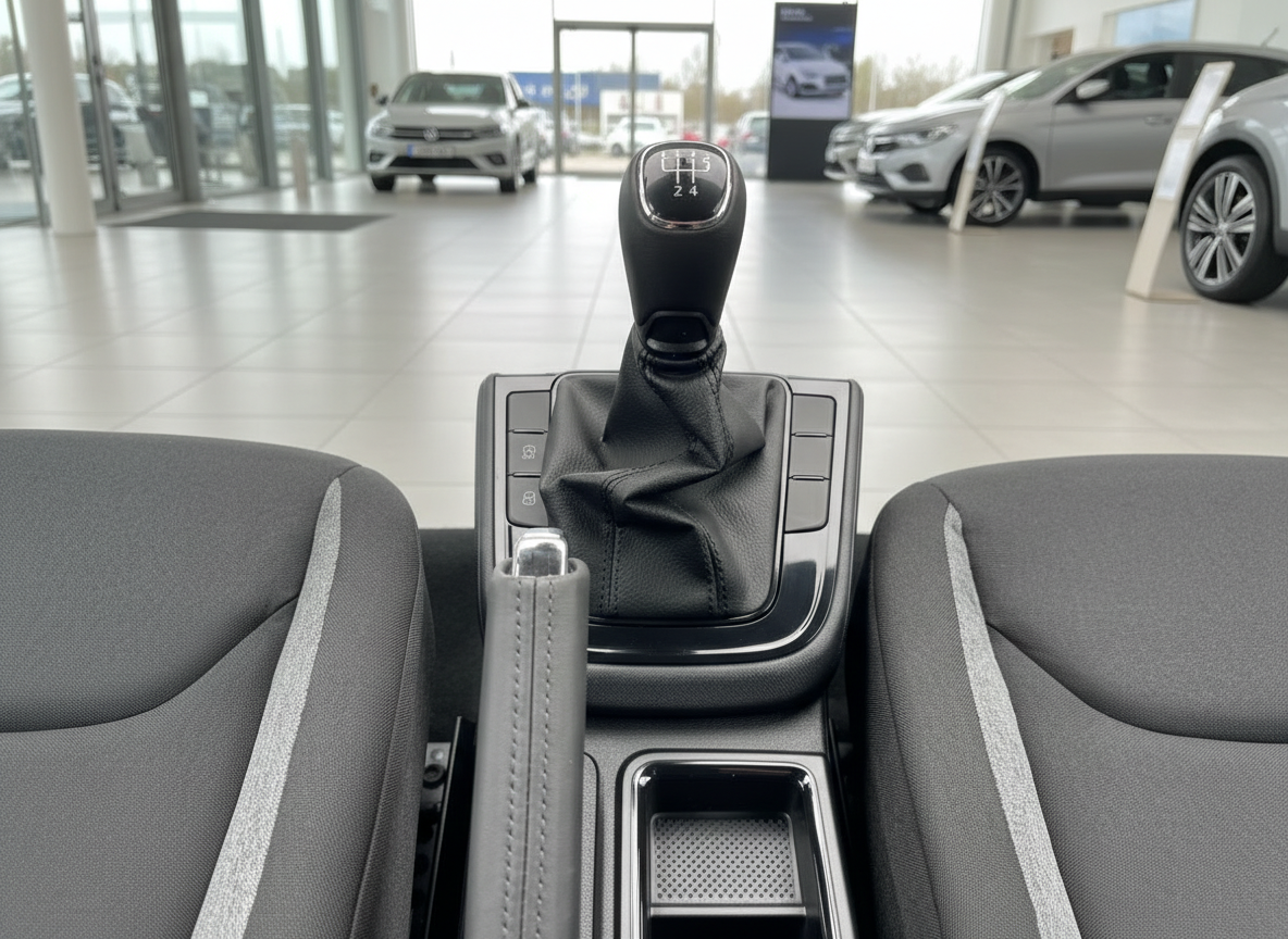 Volkswagen Innenraum mit manuellem Schaltknauf 6-Gang und Handbremsgriff im Autohaus