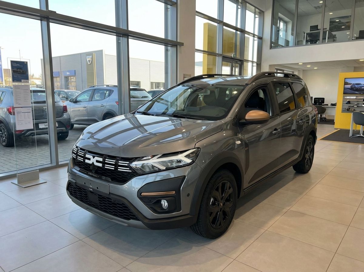 Dacia Jogger in Grau mit schwarzen Felgen im Autohaus Showroom Frontansicht