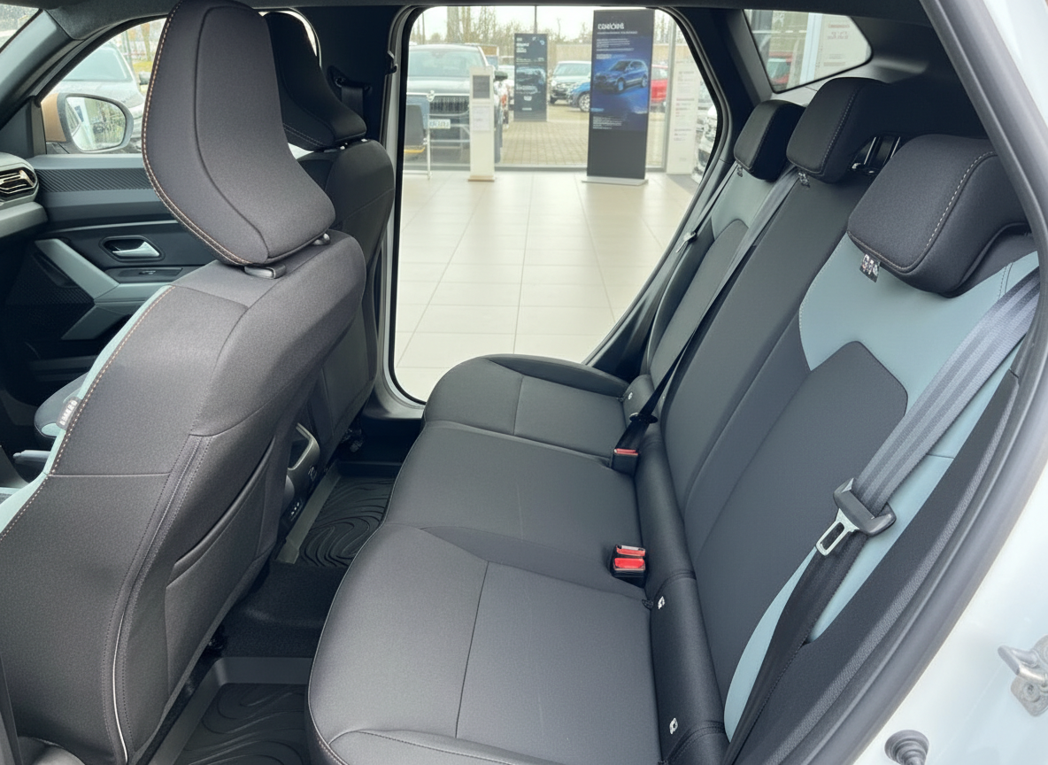 Fahrzeug Innenraum Rücksitzbank schwarz-grau mit Sicherheitsgurten im Autohaus