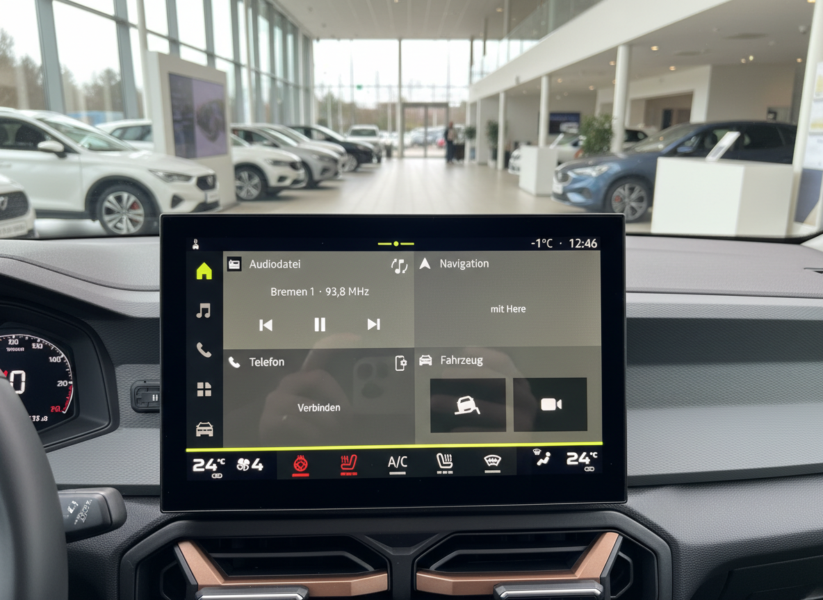 CUPRA Innenraum Infotainment-Display mit Navigation und Radio Bremen 1 im Autohaus