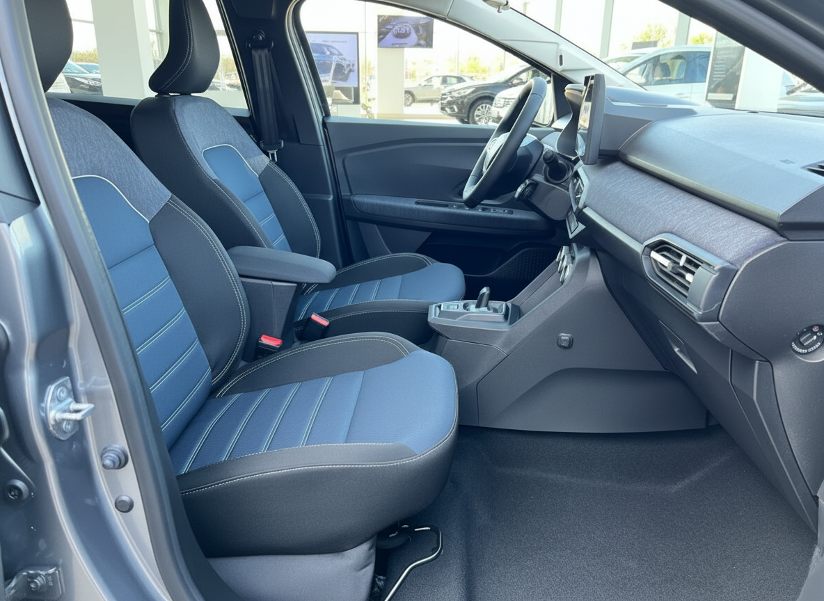 Fahrzeuginnenraum mit blauen Stoffsitzen und schwarzem Armaturenbrett in modernem PKW