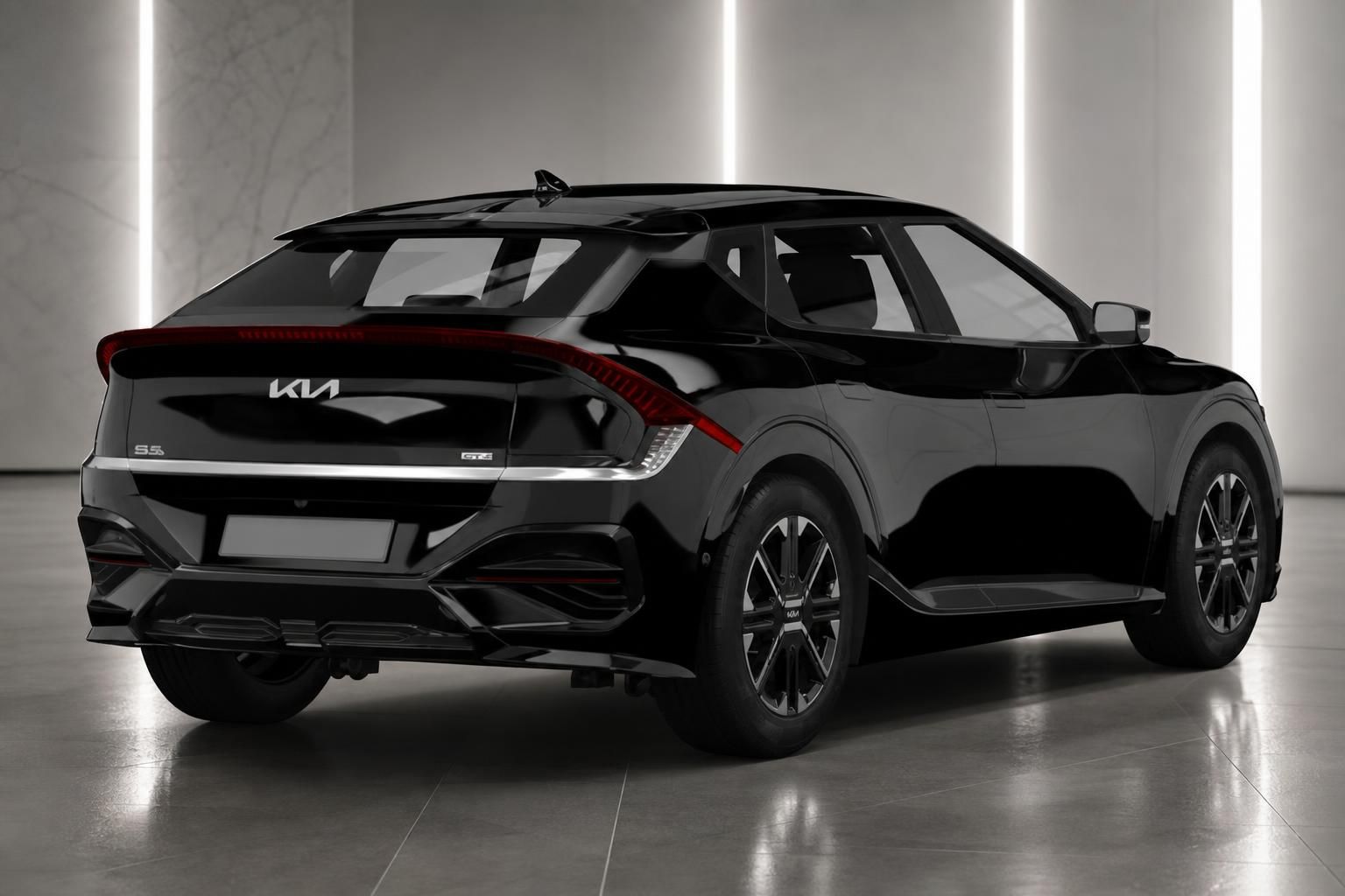 Kia EV6 GT-Line in Schwarz, Heck-Seitenansicht im Showroom