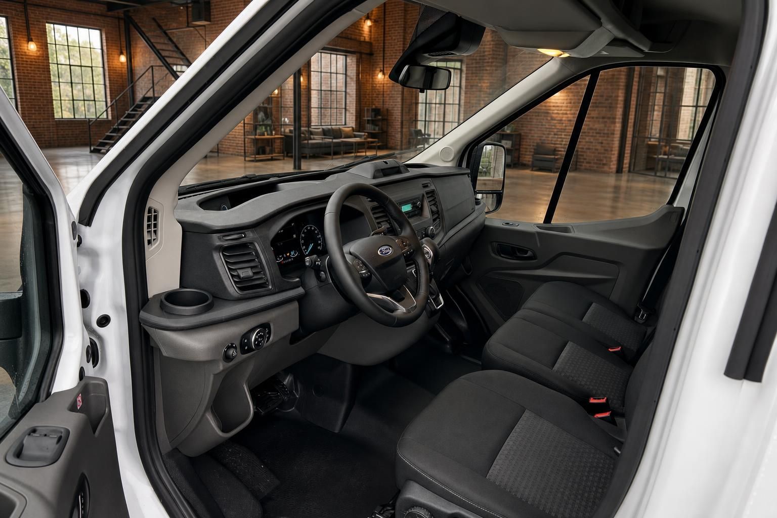 Ford Transit Innenraum Fahrerseite – Cockpit mit Lenkrad, Armaturenbrett und Fahrersitz