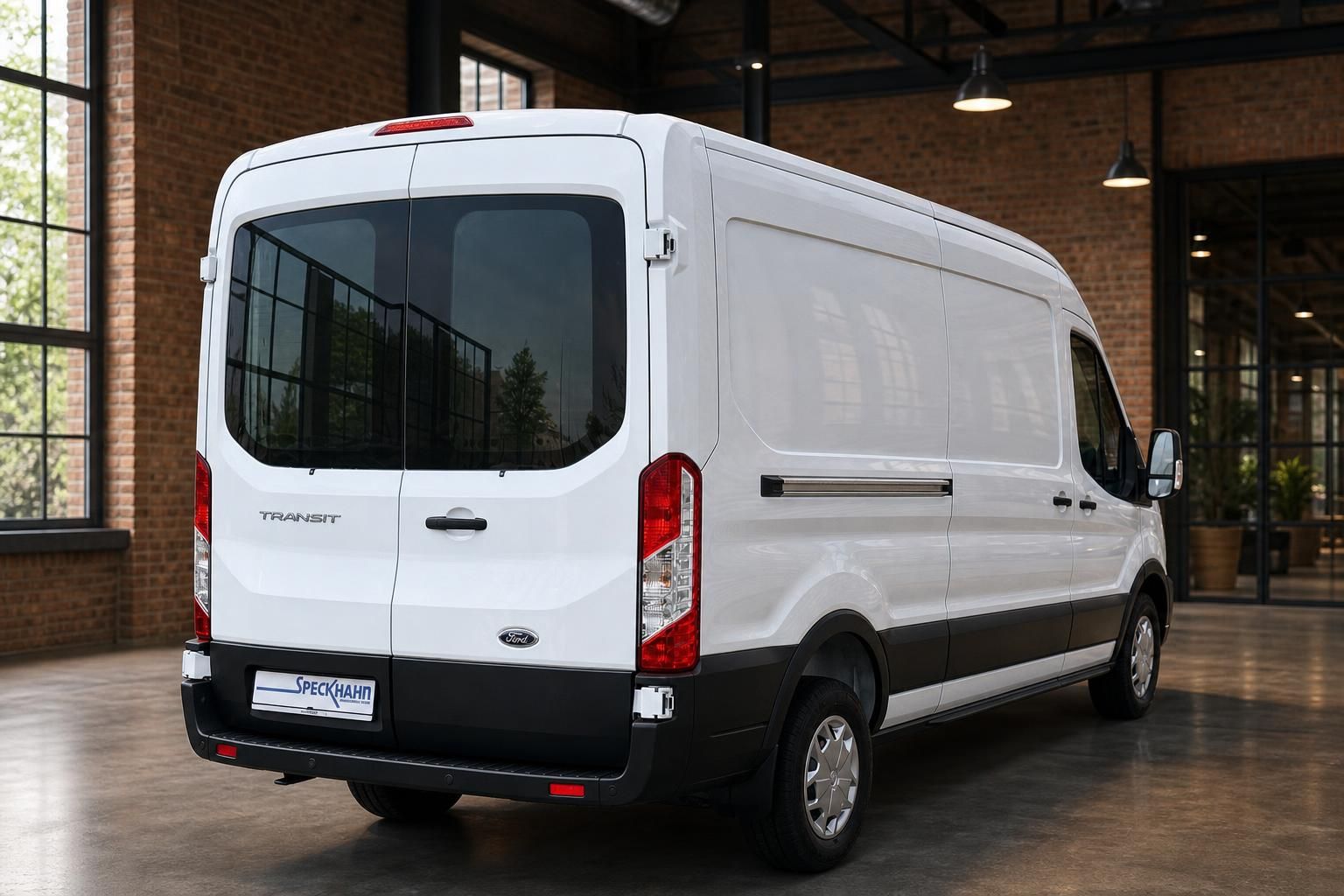 Ford Transit Kastenwagen weiß – Heckansicht schräg links in hellem Showroom