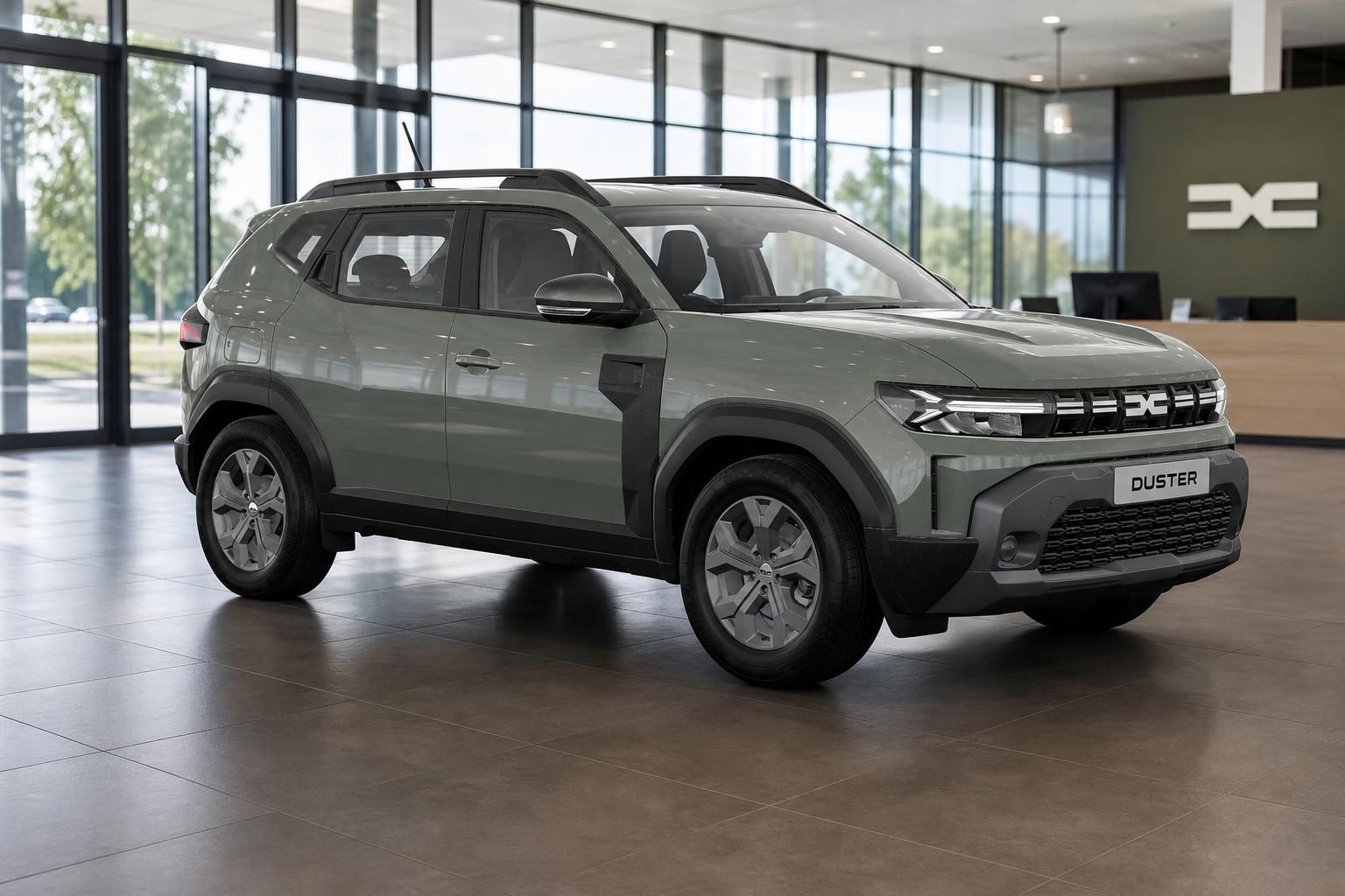 Dacia Duster in Gruen, Frontansicht schraeg im Showroom