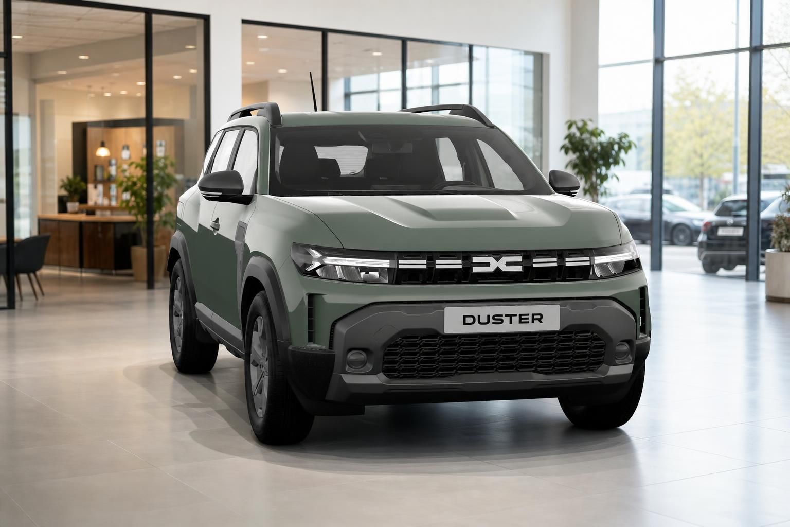 Dacia Duster in Gruen, Frontansicht im Autohaus-Showroom
