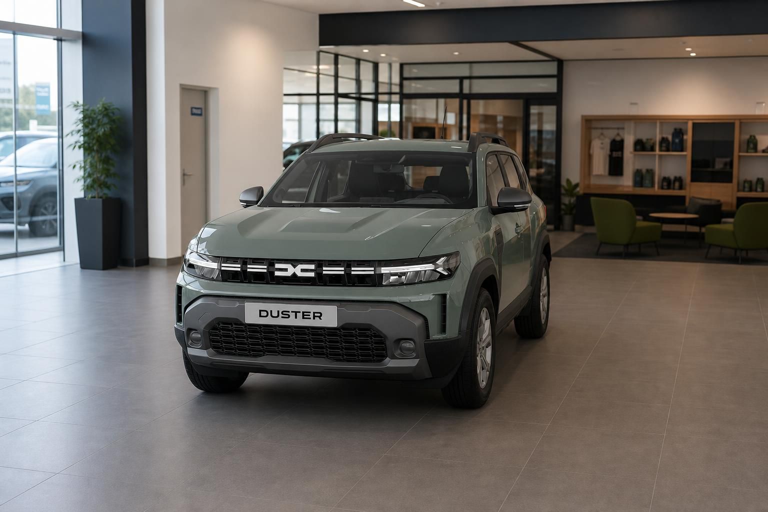 Dacia Duster Gruen von vorne im modernen Autohaus praesentiert