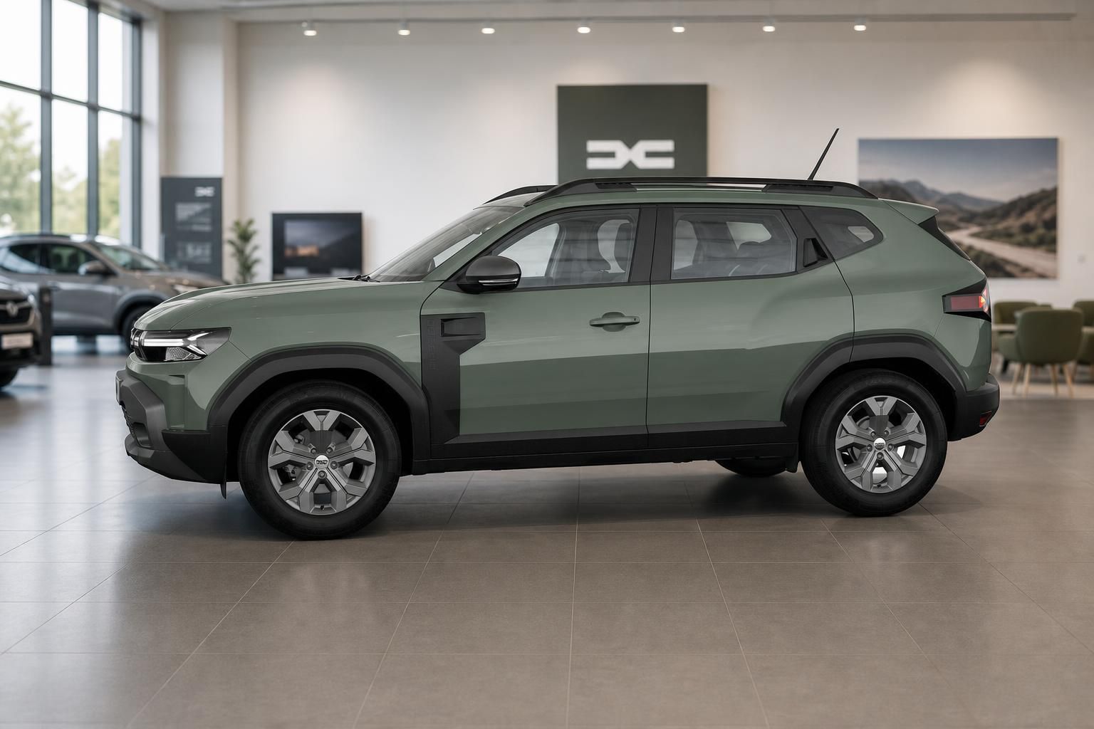 Dacia Duster in Gruen, Seitenansicht im Autohaus-Showroom