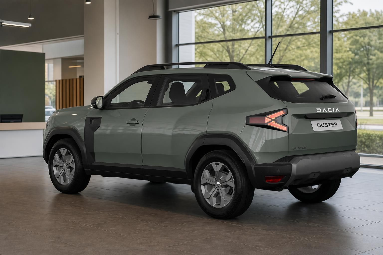 Dacia Duster gruen, Heckansicht schraeg im Autohaus
