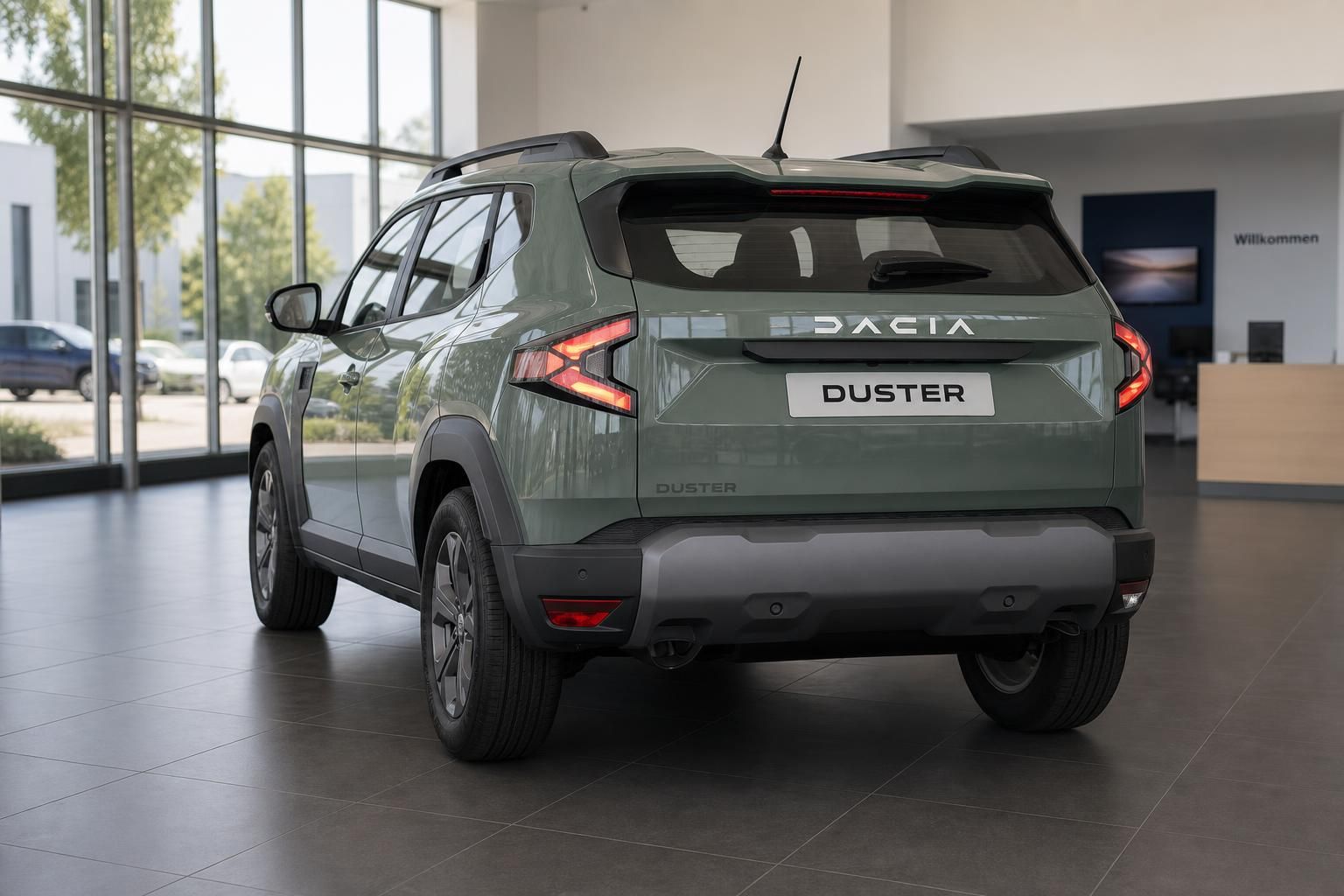 Dacia Duster gruen, Heckansicht mit Kennzeichenhalter im Showroom