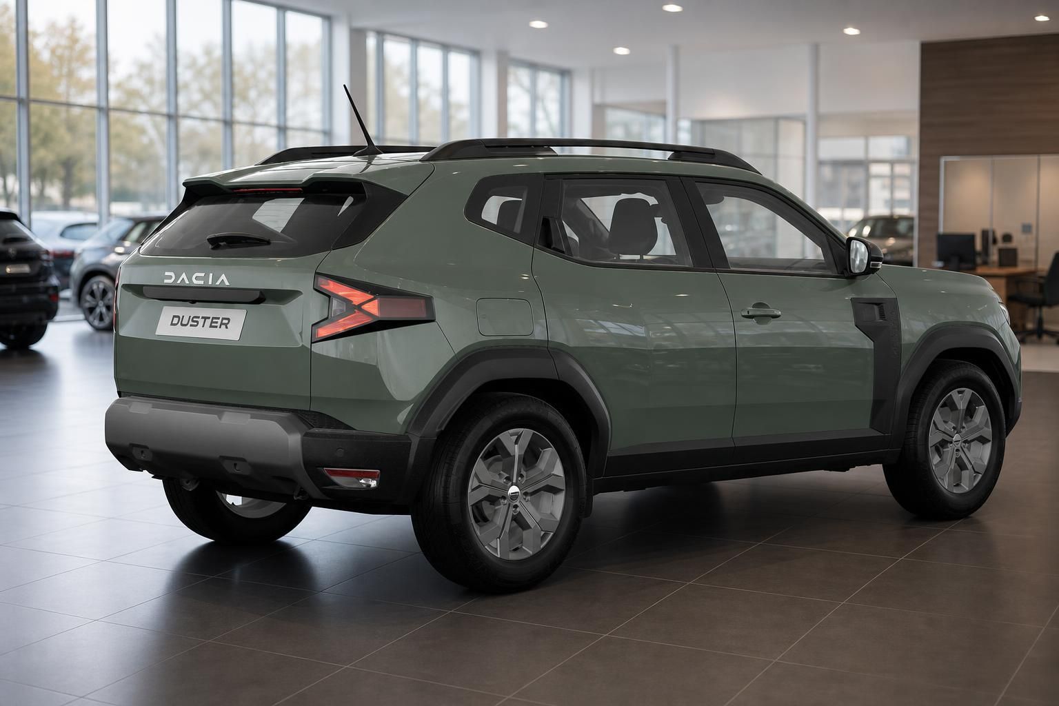 Dacia Duster gruen, seitliche Heckansicht im Showroom