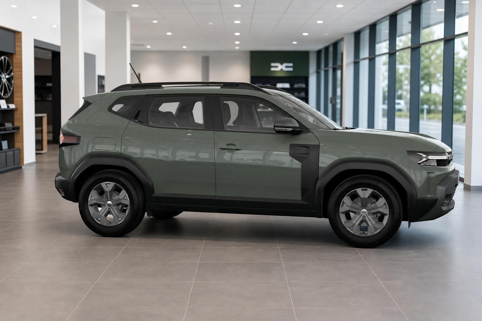 Dacia Duster gruen, Seitenansicht im modernen Showroom