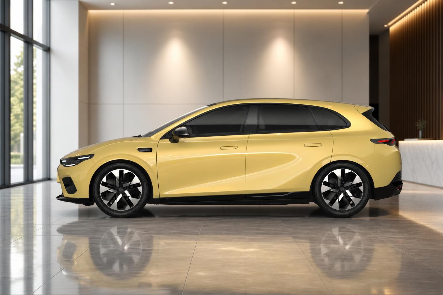Leapmotor B05 in Gelb, Seitenansicht im modernen Showroom