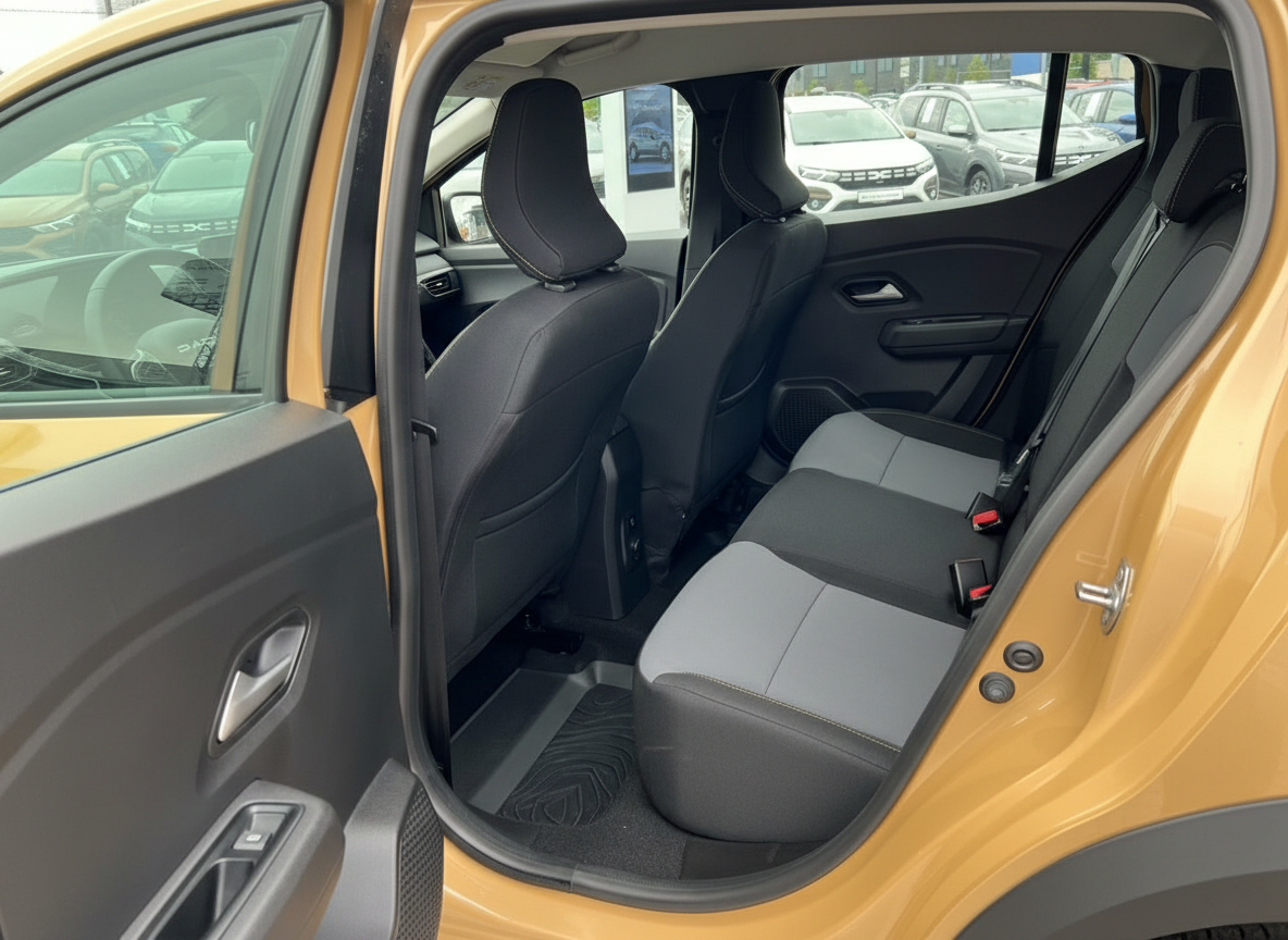 Dacia Sandero Rücksitzbank Innenraum in Schwarz-Grau mit geöffneter Tür in Atacama Orange