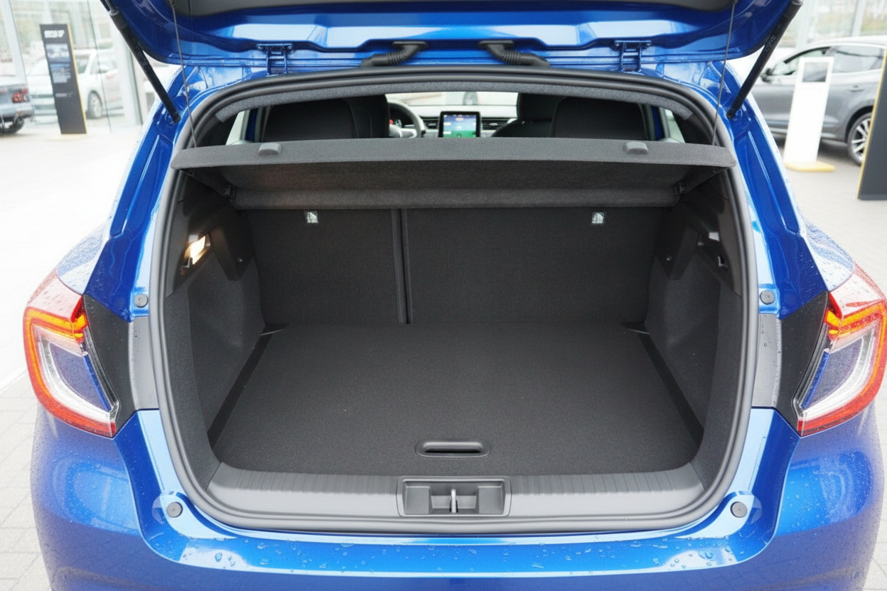 Blauer Renault Megane Kofferraum geöffnet – geräumiger Laderaum in Autohaus