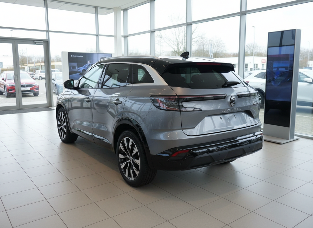 Renault Austral SUV in Grau, Heckansicht im Autohaus-Showroom