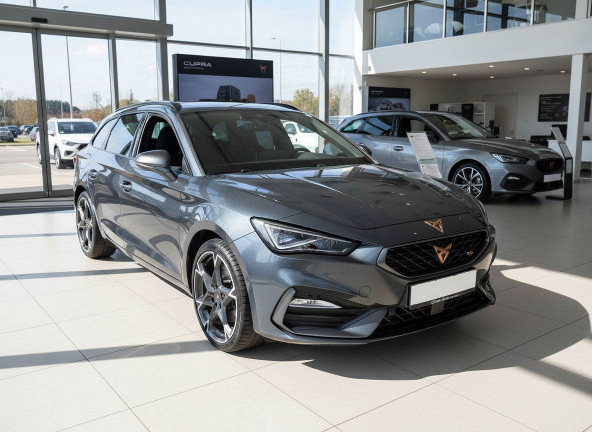Cupra Leon Sportstourer in Grau im Autohaus Showroom – sportlicher Kombi mit Kupfer-Logo