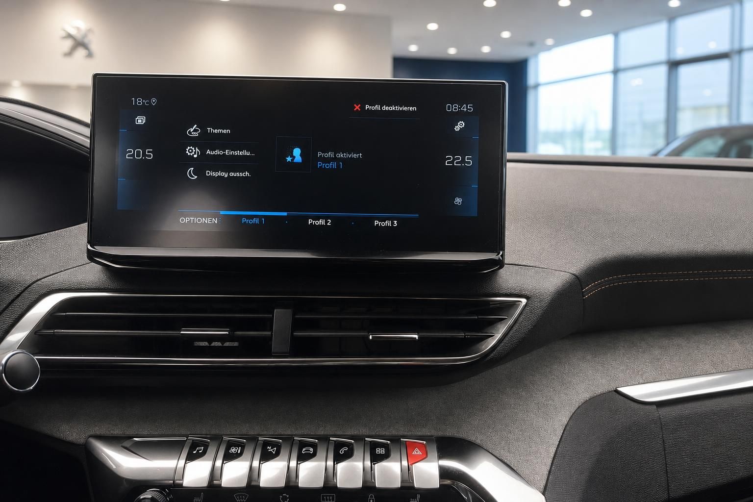 Peugeot Touchscreen Infotainment mit Klimaeinstellungen und Fahrerprofilen