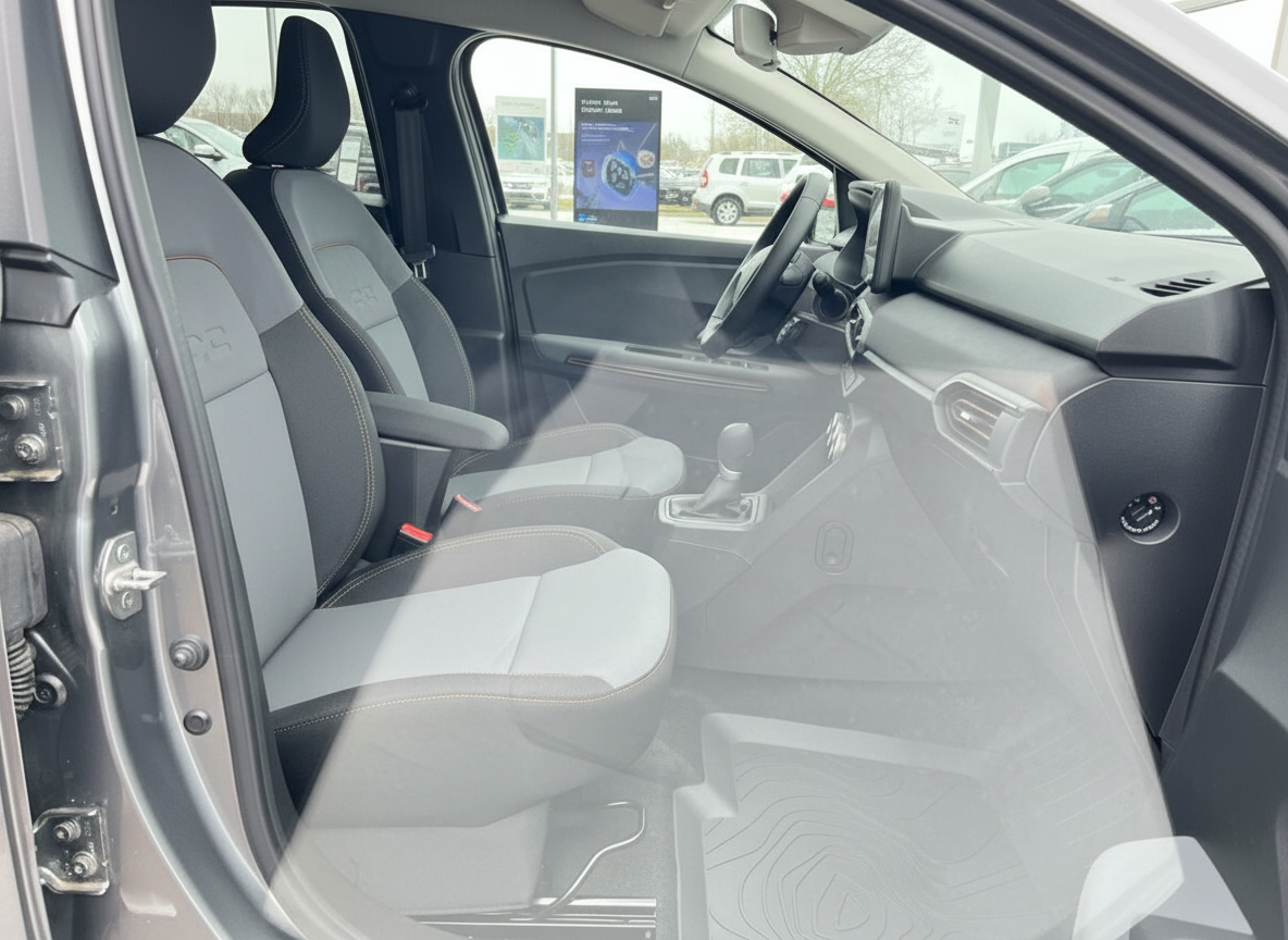 Innenraum Dacia Sandero Stepway Beifahrerseite mit grauen Stoffsitzen und Schaltgetriebe