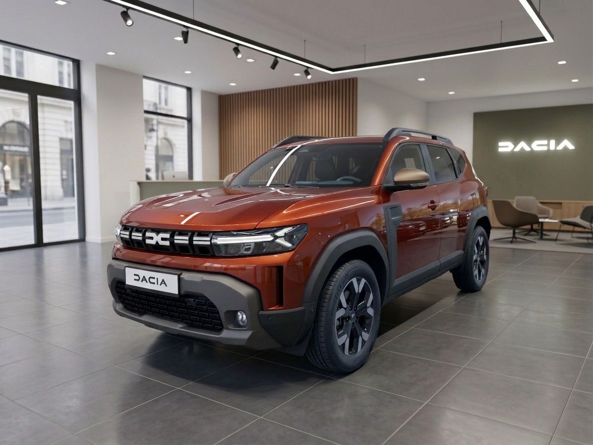Dacia SUV in Orange im modernen Autohaus Showroom - Seitenansicht