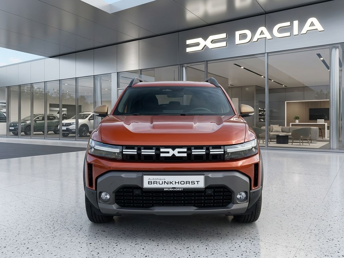 Dacia SUV Orange - Frontansicht vor Dacia Autohaus mit Kennzeichen