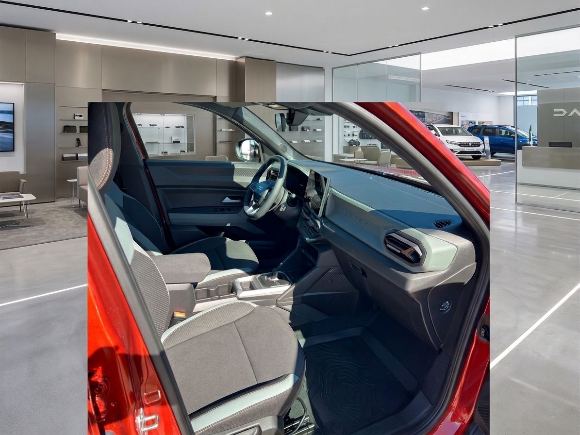 Roter Dacia Innenraum mit grauen Sitzen und offenem Beifahrerbereich