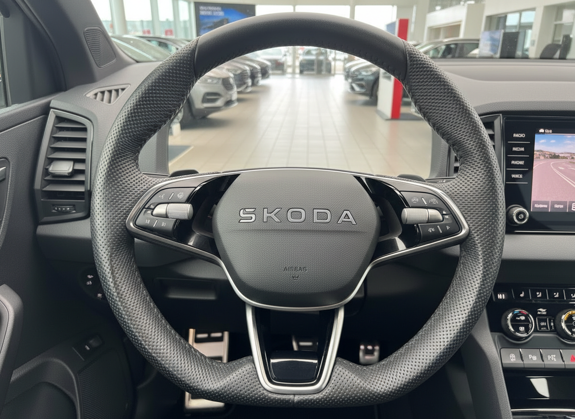 Škoda Innenraum Lenkrad mit Multifunktionstasten und Infotainment-Display im Autohaus