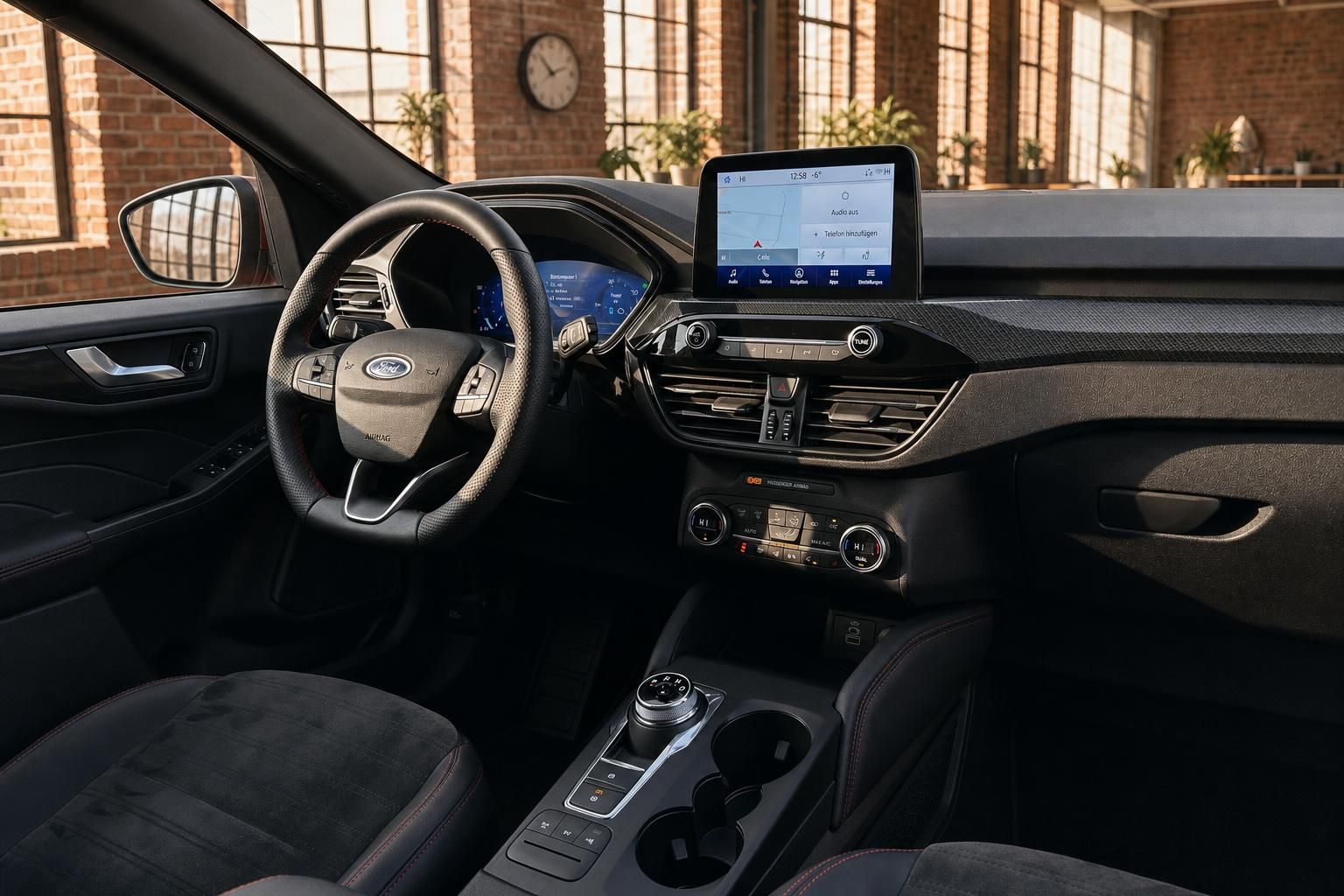 Ford Cockpit Ansicht mit Navigationssystem und Lenkrad Detail