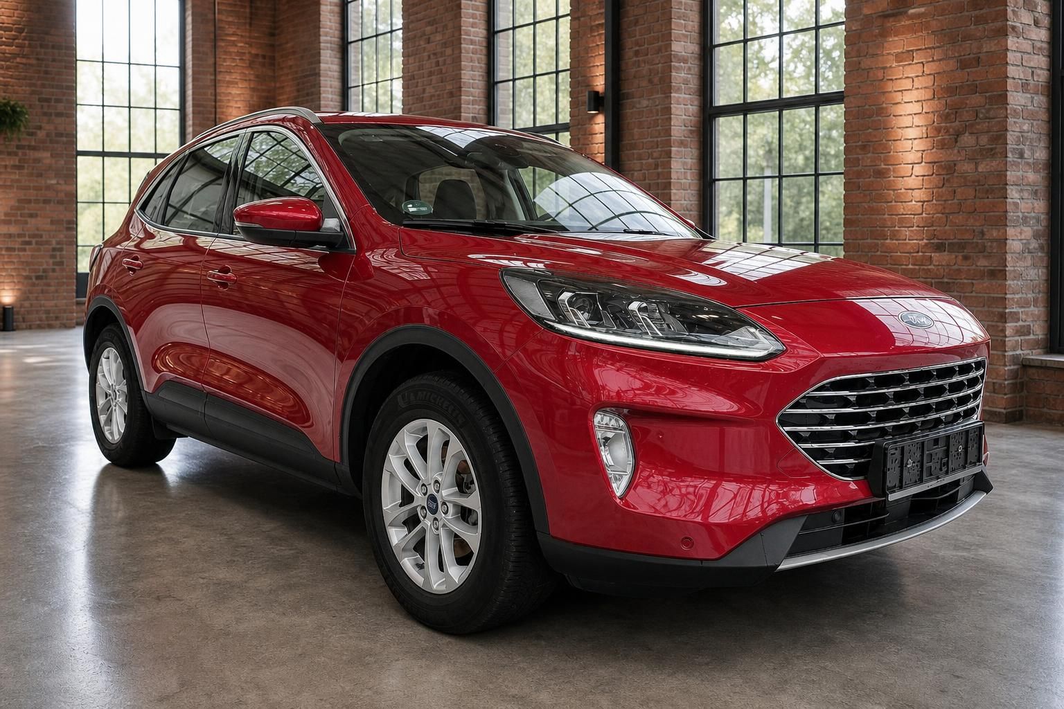 Ford Kuga rot, Frontansicht seitlich vor Backsteinfenstern