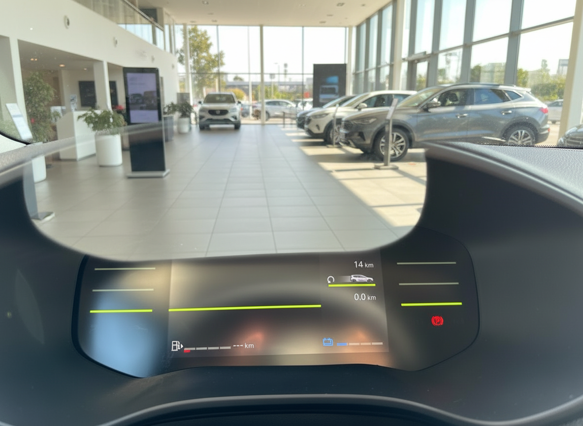 Fahrzeug-Cockpit mit digitalem Tacho im Autohaus-Showroom