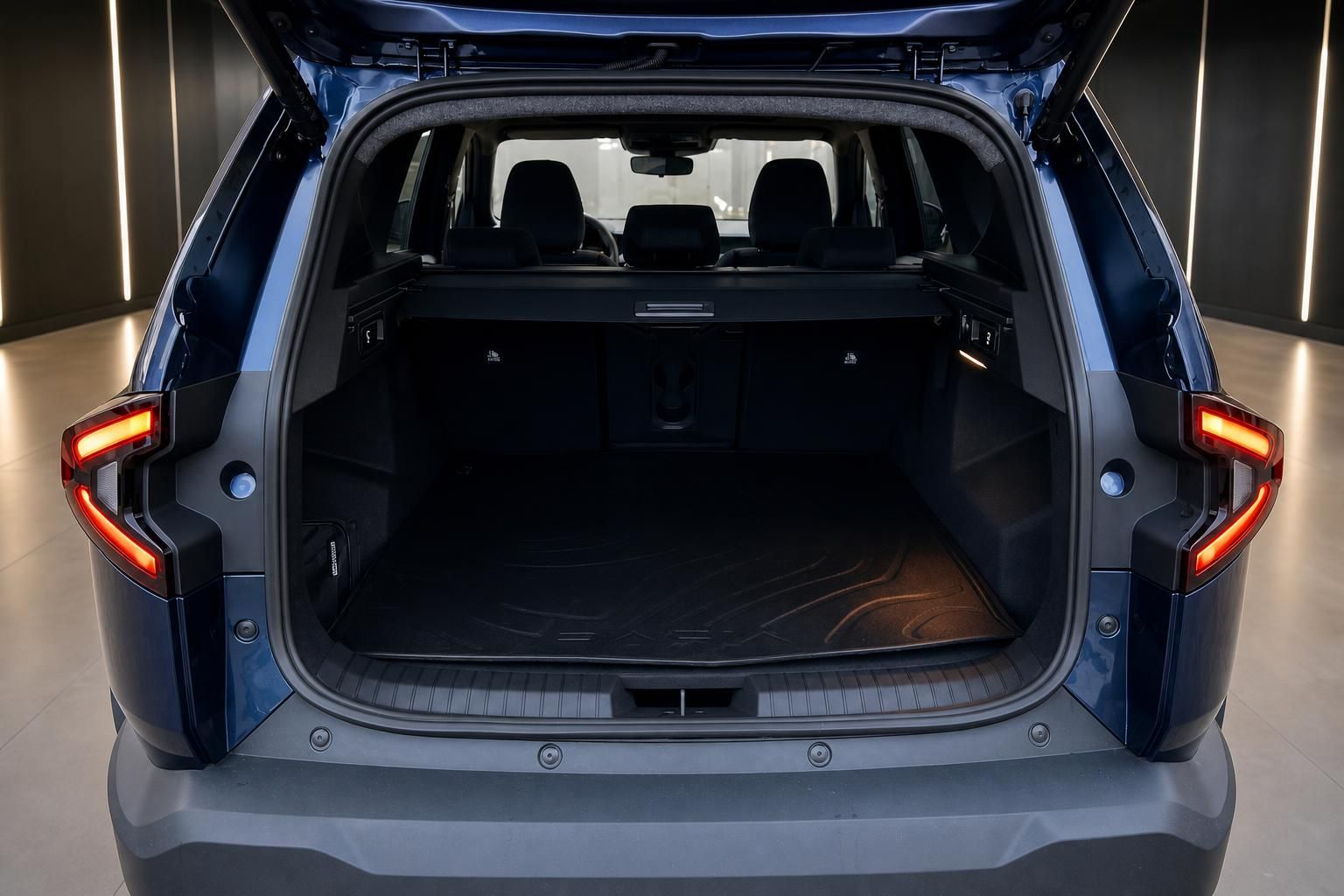 Kofferraum eines blauen SUV mit geoeffneter Heckklappe und Ladeboden