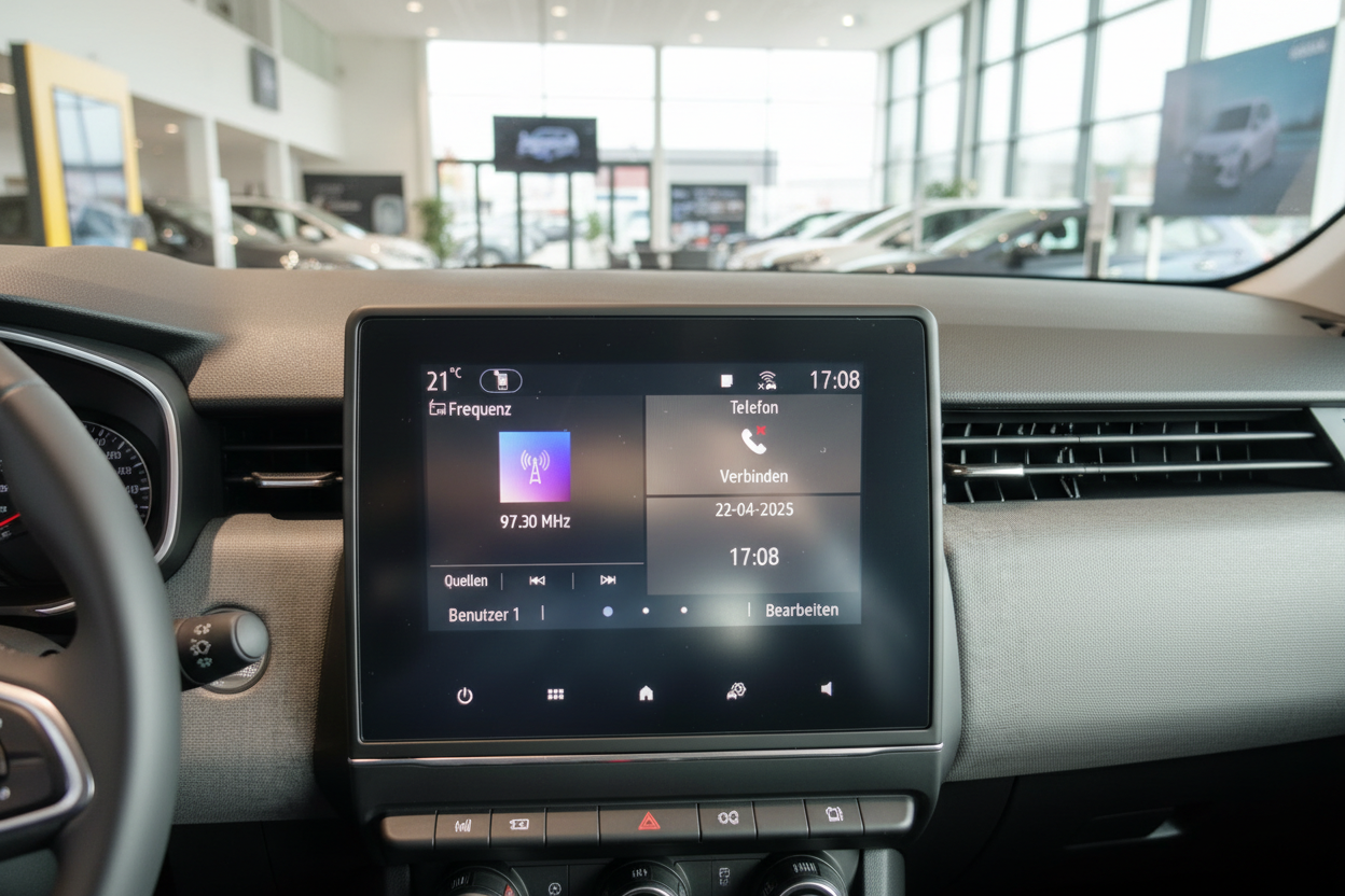 Renault Innenraum Infotainment-Display mit Radio 97.30 MHz und Telefon-Menü im Autohaus
