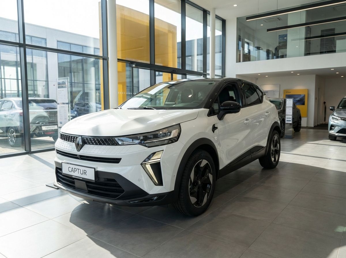 Renault Captur in Weiß im Autohaus-Showroom, Frontansicht