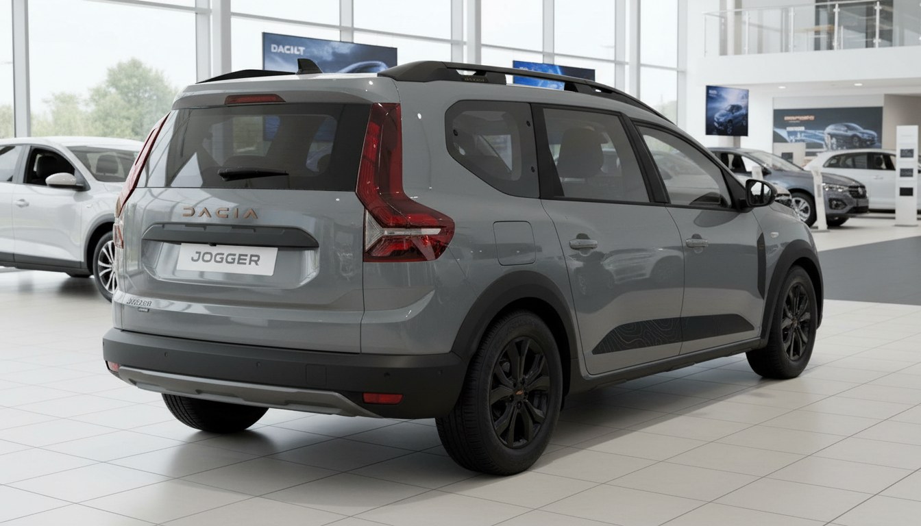 Grauer Dacia Jogger Heckansicht im Autohaus mit schwarzen Felgen und Dachreling