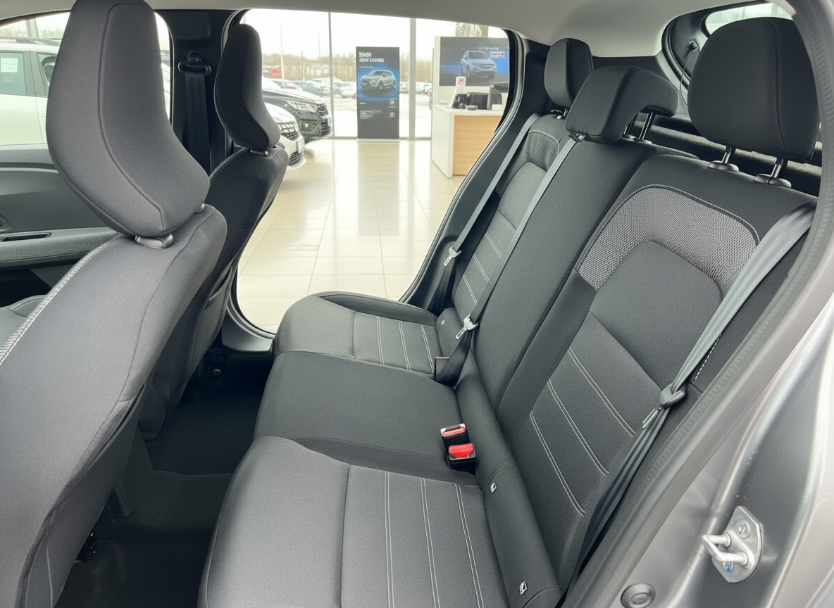 Rücksitzbank mit schwarzem Stoffbezug und Kontrastnähten im Innenraum eines Renault Fahrzeugs im Autohaus