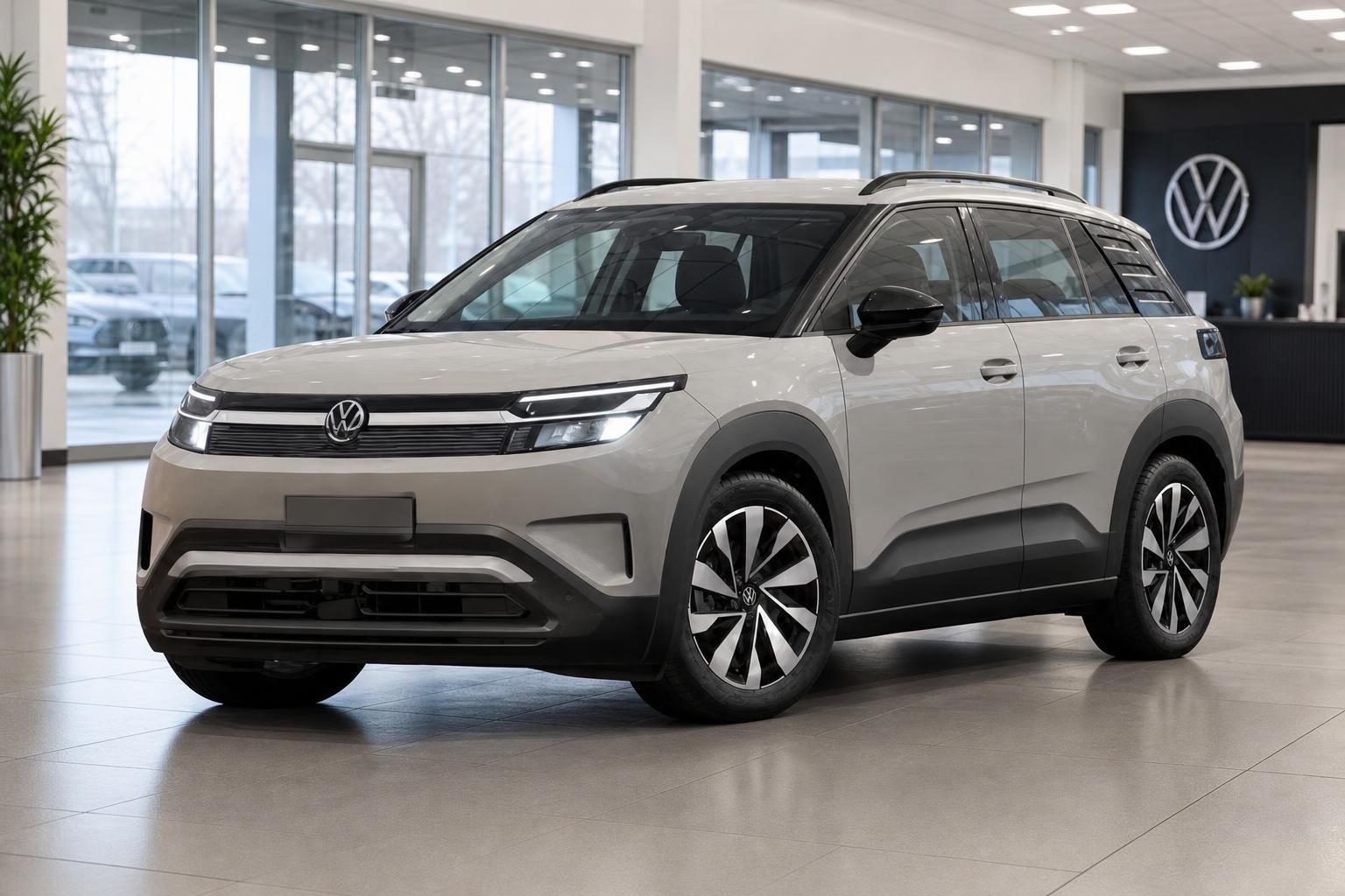 VW SUV in Beige, Frontansicht im Autohaus Showroom