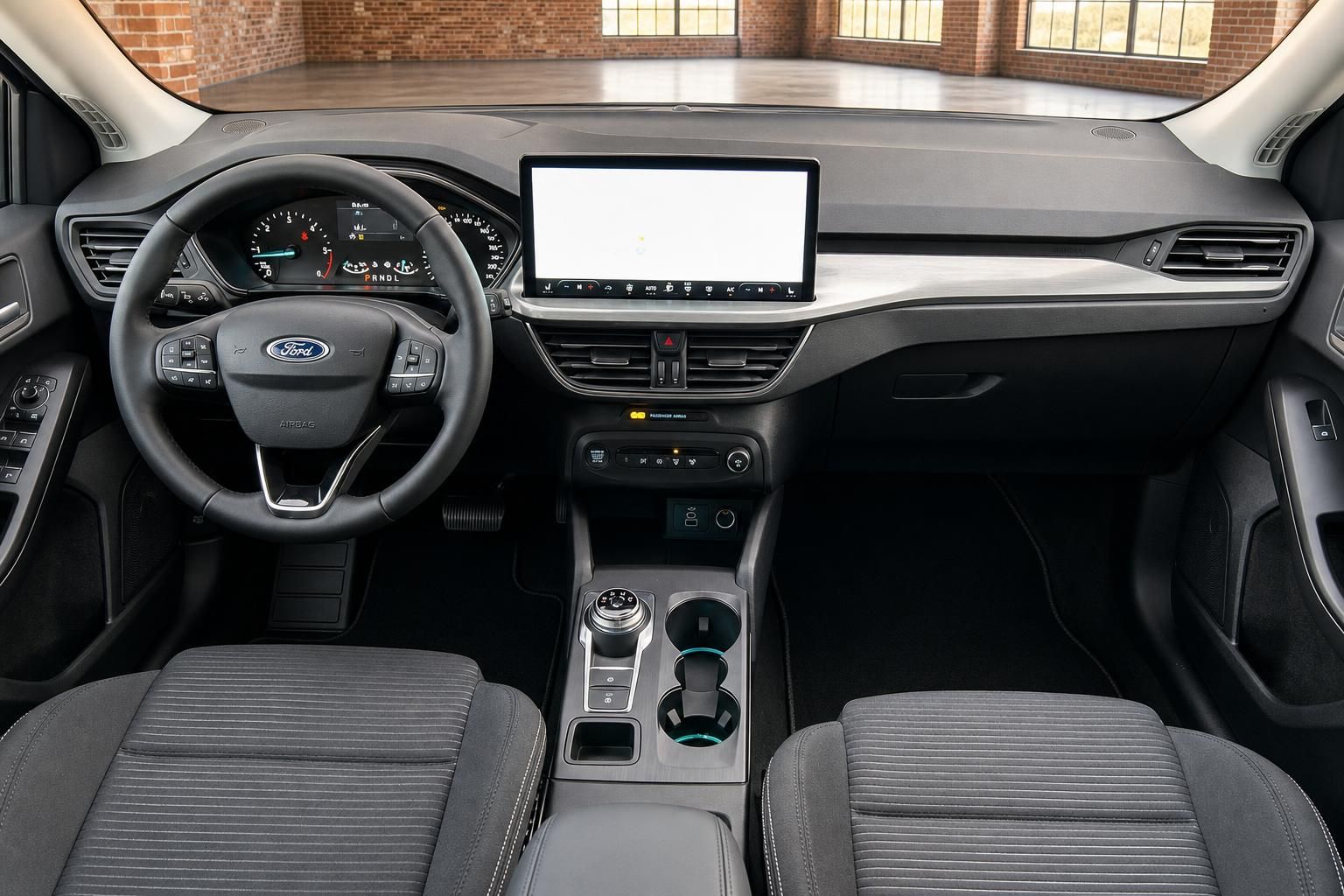 Ford Cockpit Frontansicht mit Lenkrad Touchscreen und Vordersitzen